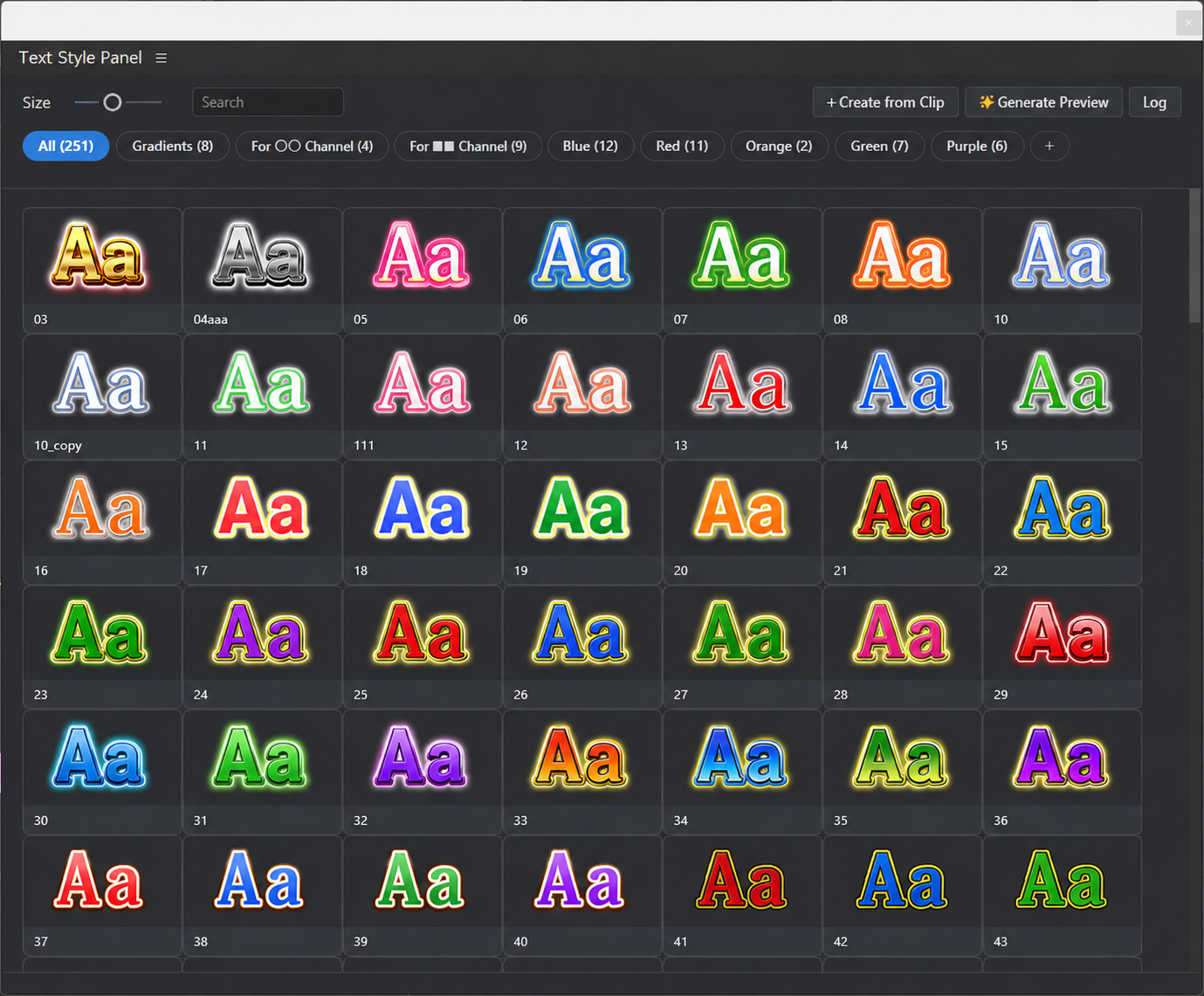 Text Style Panel — style grid with true rendered previews and tabs